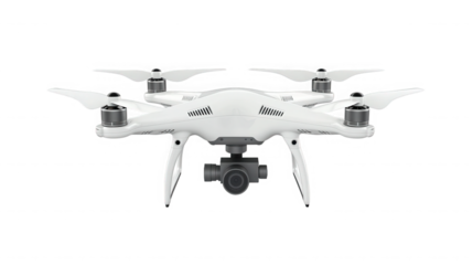 Modern white drone with camera isolated on transparent background for aerial view