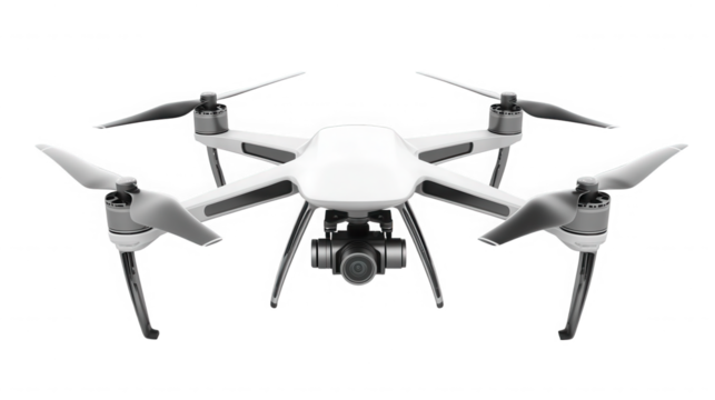 White drone with camera isolated on transparent background for aerial photography