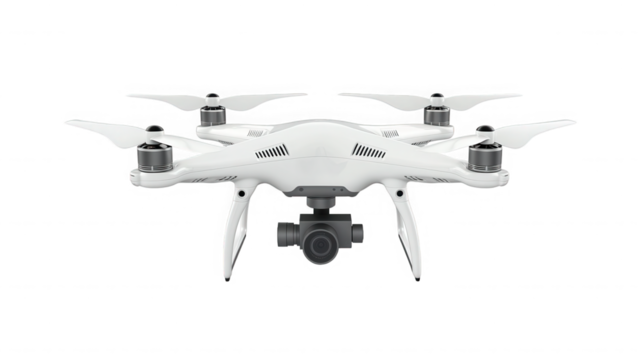 Modern white drone with camera isolated on transparent background for aerial view