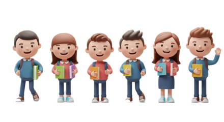 Cute 3D School Kids With Books And Backpacks Cheerful Group