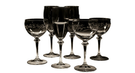 Elegant Crystal Wine Glasses with Floral Etching Sepia Tone Lighting
