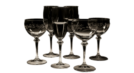 Elegant Crystal Wine Glasses with Floral Etching Sepia Tone Lighting