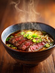 Fototapeta premium Japanese Soba Noodles with Wagyu Beef and Yuzu