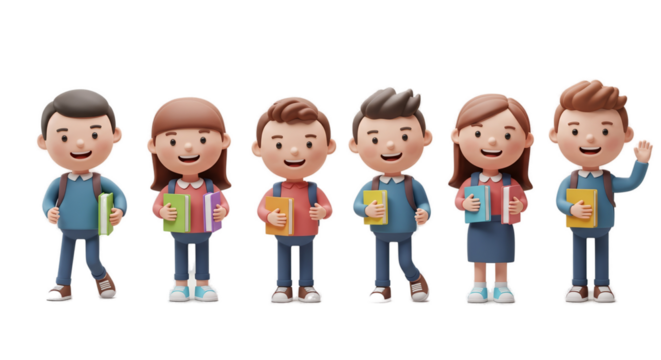 Cute 3D School Kids With Books And Backpacks Cheerful Group