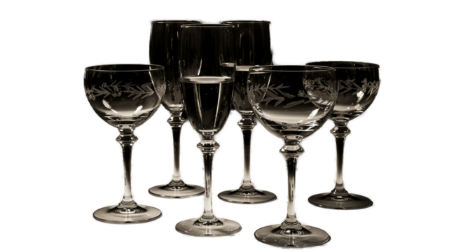 Elegant Crystal Wine Glasses with Floral Etching Sepia Tone Lighting