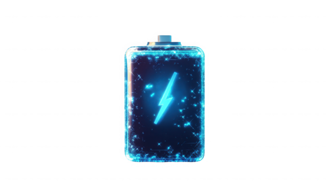 Blue battery isolated on transparent background with lightning in 3d rendering