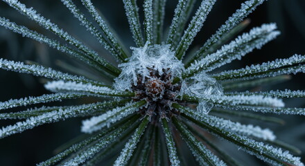 Macro View Of Pine Needles Covered In White Hoarfrost Ice Crystals On A Cold Winter Day