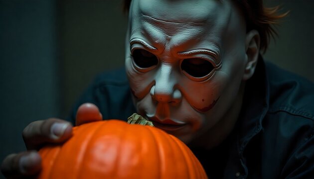 Creepy man wearing Michael Myers mask with pumpkin for Halloween horror concept Closeup portrait of a scary masked man, created with generative ai