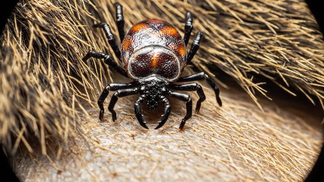 Tick Crawling on Animal Fur - A macro shot captures a tick as it crawls through the fur of an animal, highlighting the parasite's presence.