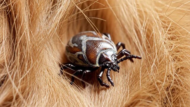 Tick Crawling in Animal Fur - A close-up, microscopic view shows a tick crawling through the fur of an animal.