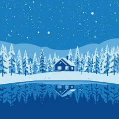 Fototapeta premium Vector art of cozy cabin nestled in a snowy forest reflected in a calm lake under a starry winter night sky