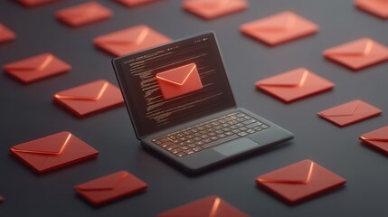 Laptop with glowing email icon surrounded by numerous vibrant envelope symbols representing digital communication and messaging in a modern workspace setting