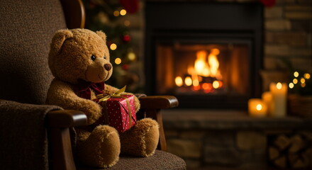 Teddy Bear Holding A Christmas Gift Sitting By A Warm Fireplace In A Cozy Winter Scene