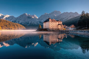 Fototapeta premium Majestic Castle Reflecting On Serene Alpine Lake At Sunrise