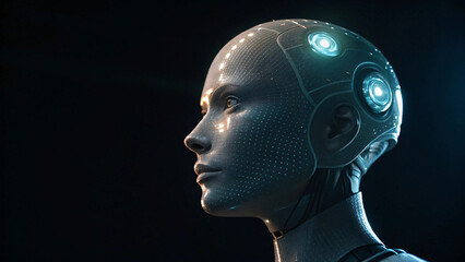 3D rendered illustration of a blue metallic robot head profile with visible anatomy and brain model