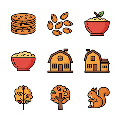 Autumn Harvest Icons: Cookies, Seeds, Bowls, Barns, Trees, and Squirrel