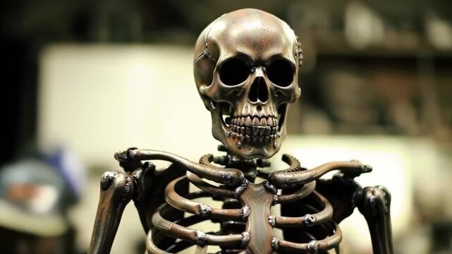 A detailed close-up of a metallic skeleton, showcasing the intricate details of the human skeletal structure.