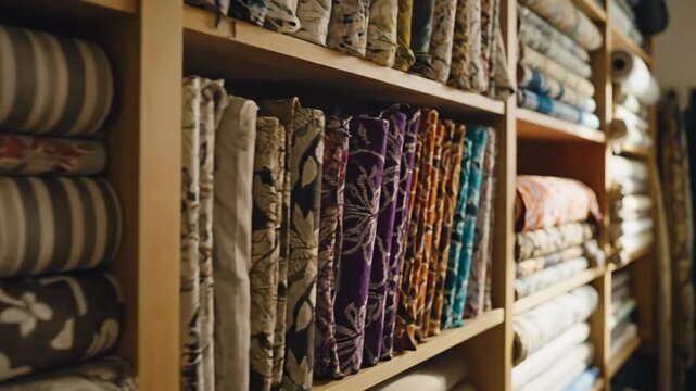 Assorted Fabrics on Shelves - The video shows shelves stocked with various types of folded fabrics. These include rolled patterned and striped fabrics, providing a wide selection for design and craft