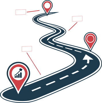 Winding road timeline or journey vector illustration with three map pointers marking different steps and a growth chart icon at the start, symbolizing business progress, roadmap, strategy.