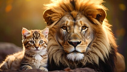 Two felines of different sizes pose under warm, golden sunlight