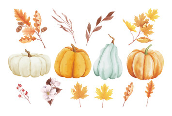 Watercolor Autumn Pumpkins and Leaves Illustration