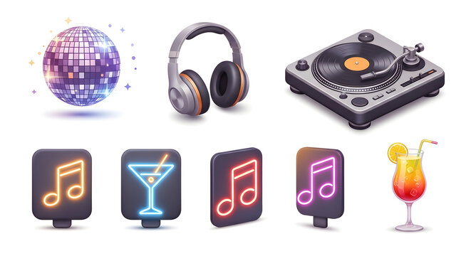 A vibrant collection of 3D isolated icons for a music party, featuring a disco ball, turntable, cocktail, and neon signs