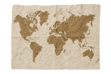 Vintage world map on crumpled paper, antique cartography, global travel and adventure concept, isolated with transparent background