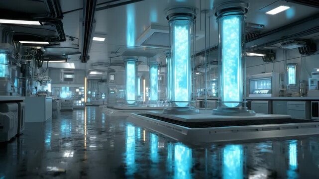 Sci-fi laboratory with glowing cryo chambers
