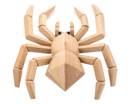 Minimalist Wooden Tarantula Toy, Geometric Modern Design, isolated