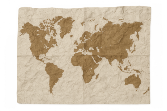 Vintage world map on crumpled paper, antique cartography, global travel and adventure concept, isolated with transparent background
