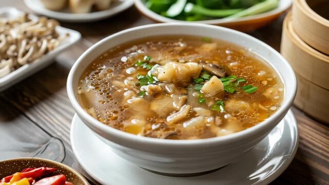 Traditional hot and sour soup with tofu and mushrooms