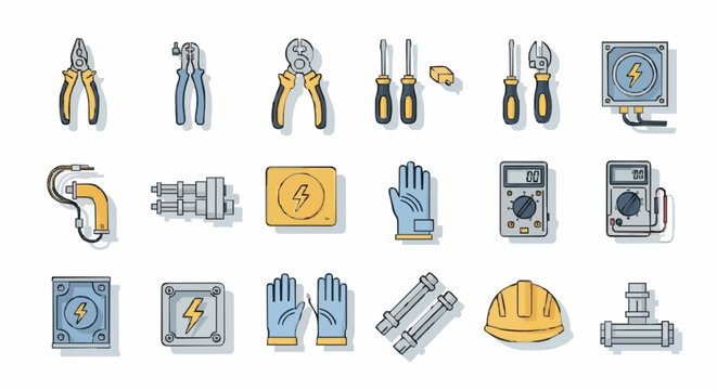 Collection of electrical tools and equipment for construction and repair work