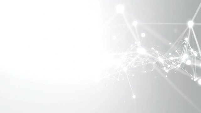 White glowing dots connected by lines forming an abstract network on a light gray to white gradient background