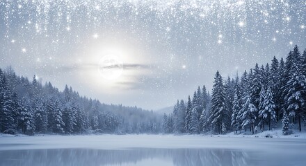Winter wonderland frozen lake surrounded by snow covered pine trees