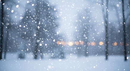 Gentle snowfall in a winter forest with distant lights