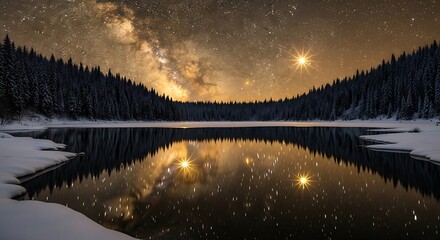 Milky way reflects in a serene winter lake surrounded by pine trees