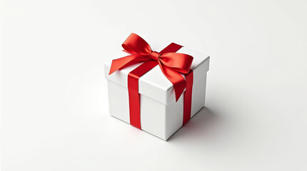 Fototapeta premium White box tied with red satin ribbon on a clean white background, simple holiday design