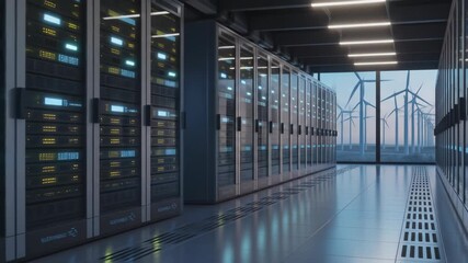 Data Center Interior with Server Racks and Wind Turbine Farm Outside Window - Powered by Adobe