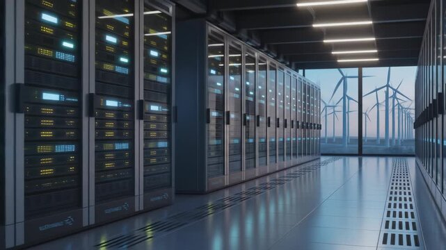 Data Center Interior with Server Racks and Wind Turbine Farm Outside Window