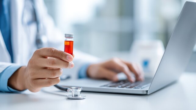 A medical professional in a white coat holds a vial of red liquid while typing on a laptop with a stethoscope nearby, suggesting research or patient data entry. - Powered by Adobe