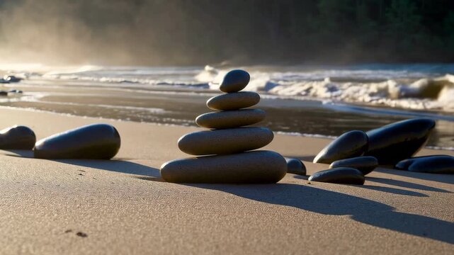 Zen rock balancing on serene beach at sunrise: tranquility and harmony in nature
