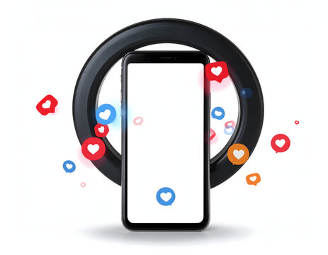 Modern smartphone displaying a blank screen surrounded by floating social media heart icons and a sleek ring, symbolizing digital engagement and communication - Powered by Adobe