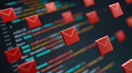 Floating Red Email Icons Above Colorful Code on Dark Background Representing Digital Communication and Technology in Modern Data Environment