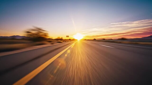 Sunset Road Trip - A low-angle shot of an open highway with motion blur, leading towards a vibrant sunset on the horizon.