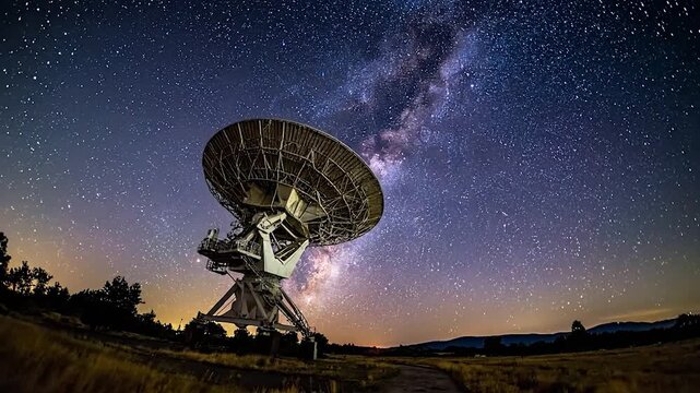 Massive radio telescope beneath a breathtaking, star-studded Milky Way night sky over a vast landscape