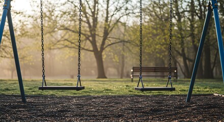 Empty swingset in a park setting with soft lighting and natural elements