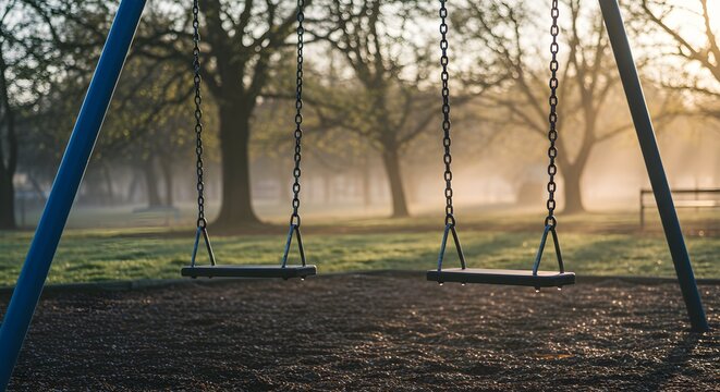 Empty swingset in a park at sunrise with trees and sunlight
