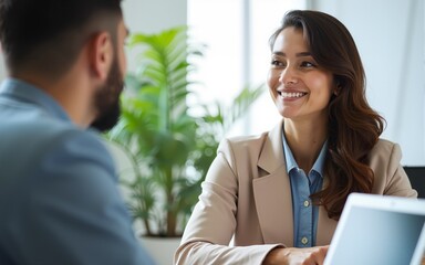 Working with brilliant minds. Beautiful professional woman looking positively at a male coworker in a bright meeting room. High quality