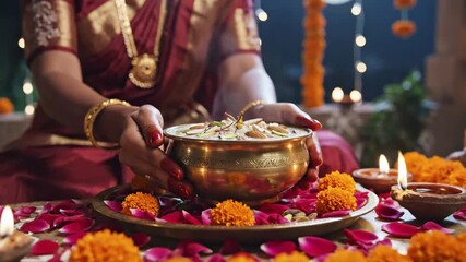 Woman Presenting Indian Dessert - A woman in traditional attire holds a golden bowl containing an Indian dessert, adorned with nuts and saffron.