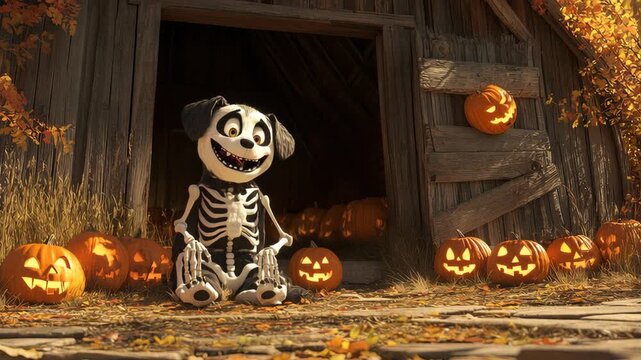 Animated skeleton dog cheerfully interacting with halloween pumpkins in autumn barnyard scene